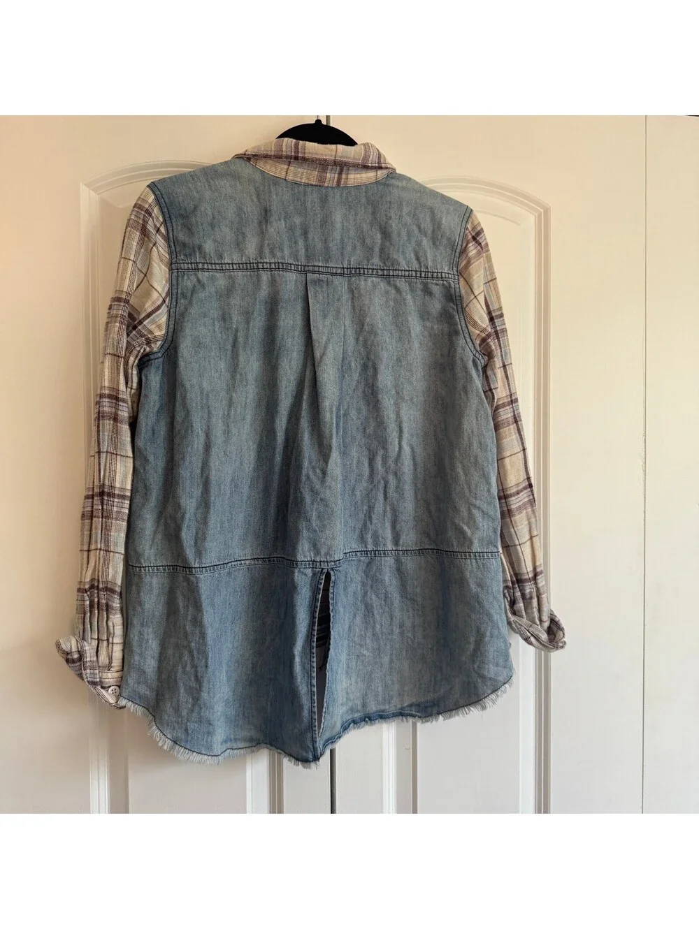 Free People Clara Mixed Media Plaid Denim Button Down Shirt Fringe Small